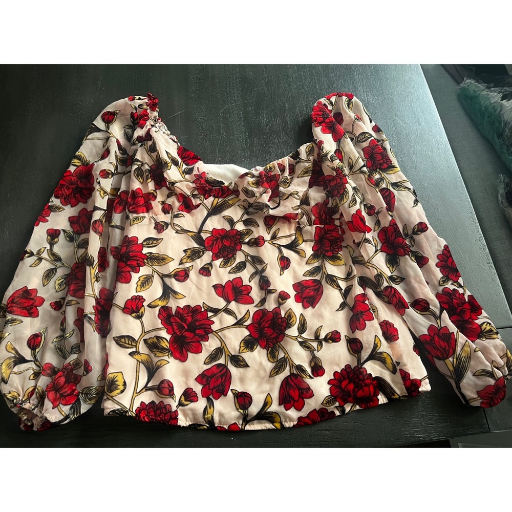 Missguided Red Floral Burnout Velvet Off Shoulder Balloon Sleeve Top US 10 NWT